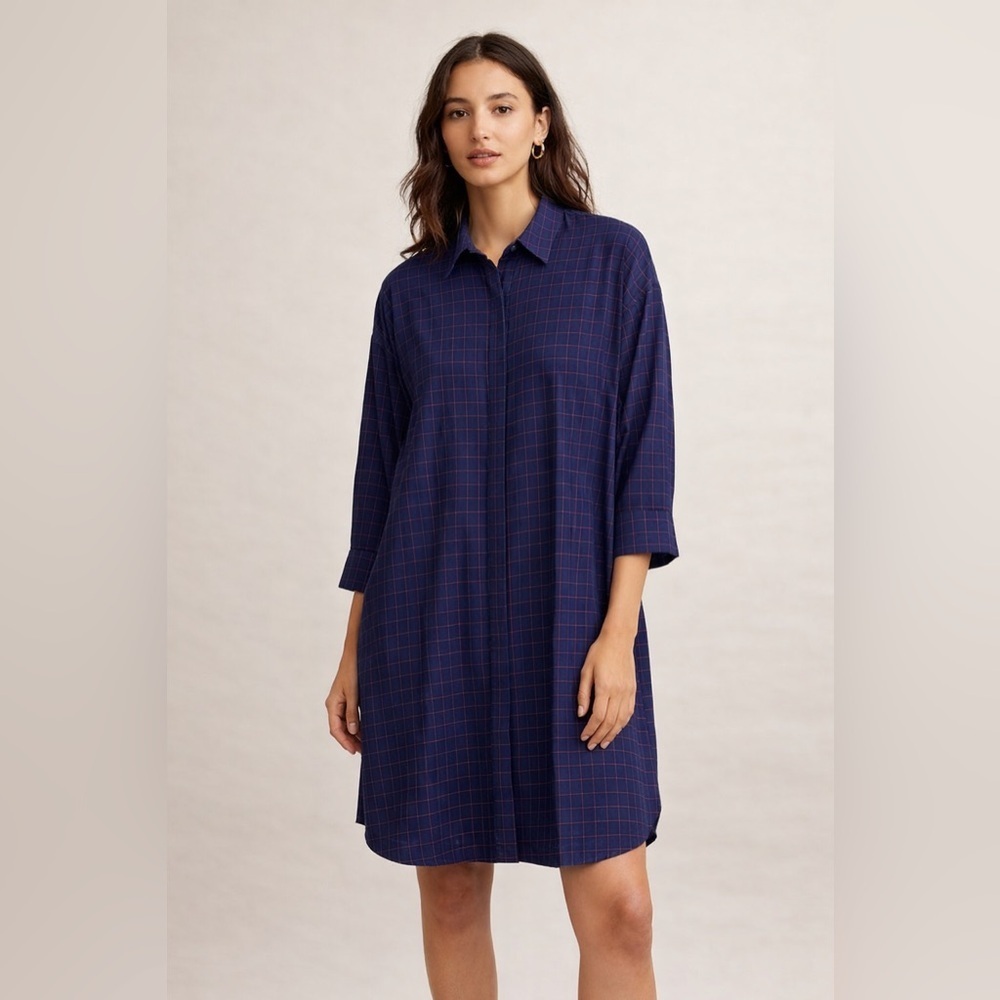 FRNCH Navy Plaid Shirt Dress | Oversized Checkered Midi Dress size small